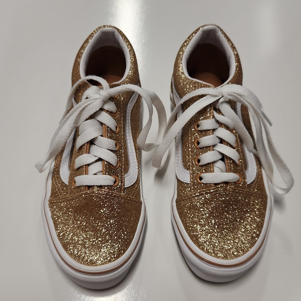 Vans Girls Old Skool Gold Glitter Low Top Lace Up Sneaker Shoes Size 1.0
